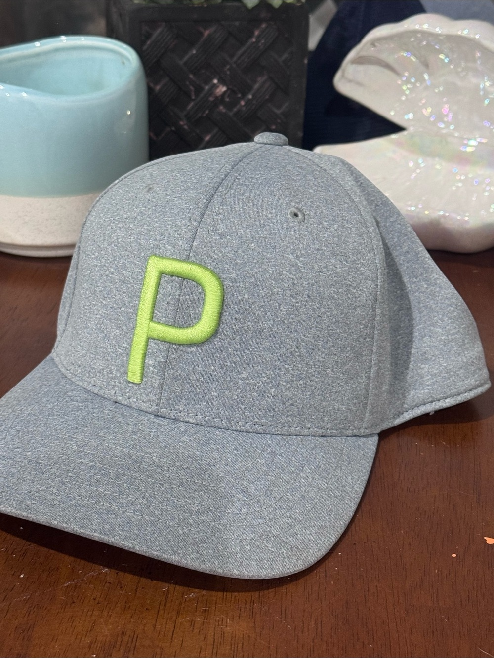 Men’s Puma stretch hat SnapBack adjustable cap grey green logo